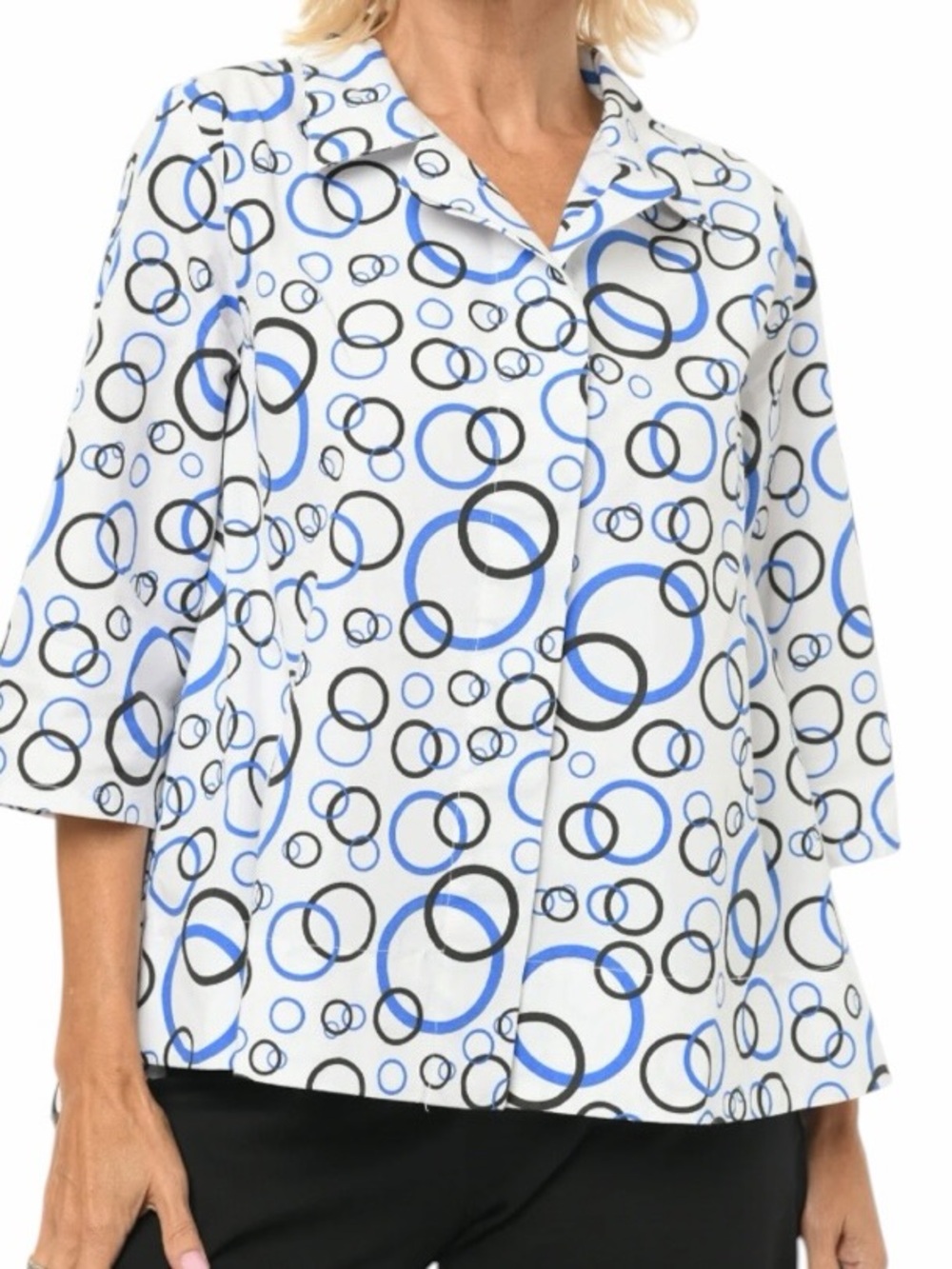 Tulip White with Blue/Black Cotton Circle Print Button-Front Blouse XS NEW
